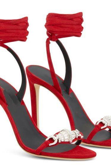 Solid Suede Scorpion Decorative Sexy Strap High Heel Sandals-red