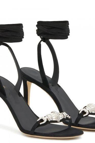 Solid Suede Scorpion Decorative Sexy Strap High Heel Sandals-black