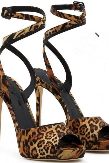 Leopard Fish Mouth Buckle Fashion High Heel Sandals