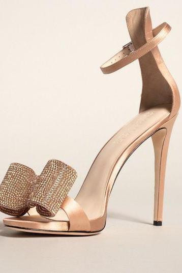Solid Color Diamond Fashion Sexy High Heel Sandals-beige
