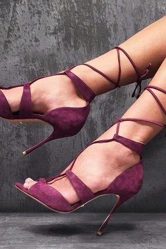 Purple Red Suede Cross Strap Fashion Sexy High Heel Sandals