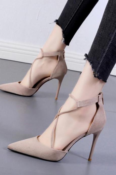 Cross Pointed Hollow High Heel Suede Sandals-apricot
