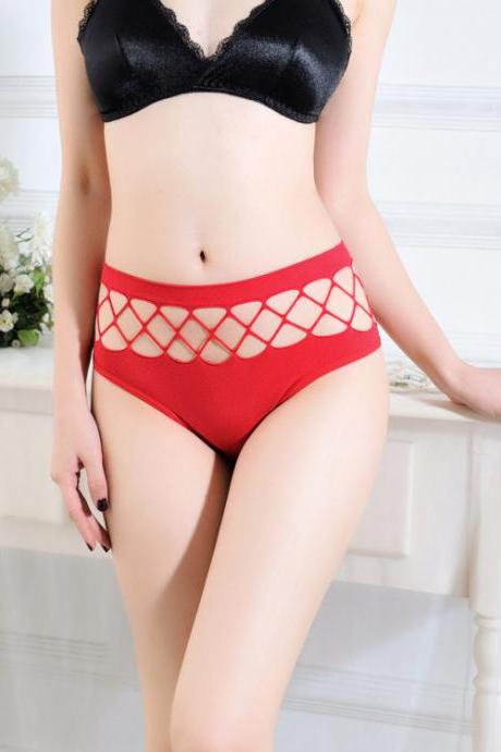 Sexy Girl Plaid Breathable Hollow Middle Waist Sports Body Shaping Hip Lifting Underwear Thong-red