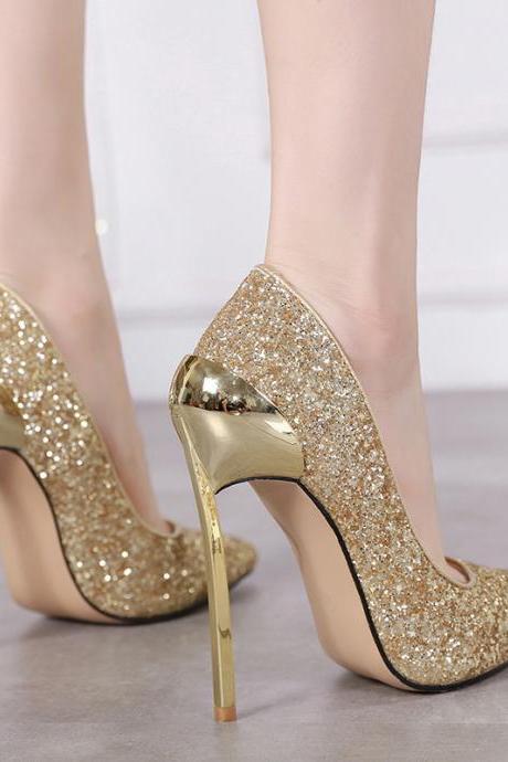 Spoon Heel Sequin 13cm High Heel Thin Heel Pointed High Heel Shoes-golden