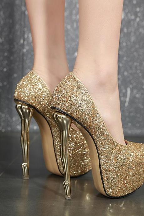 Sexy Slim High Heel Round Head Party Shoes-golden