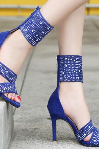 Sexy Diamond Studded Open Toe Women&amp;amp;#039;s Shoes High Heel Stiletto Sandals-blue