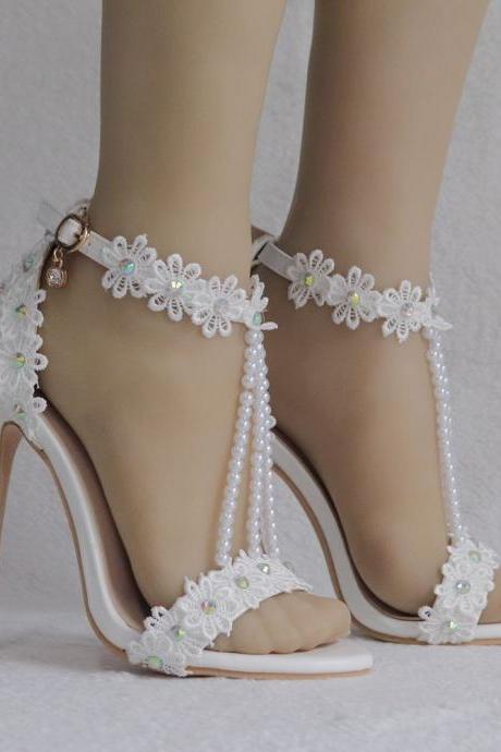 Open Toe Beaded High Heel Sandals-white
