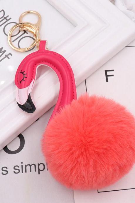 PU leather Swan Plush key ring imitation wool long neck bird hair ball pendant women&#039;s bag car key ring-3