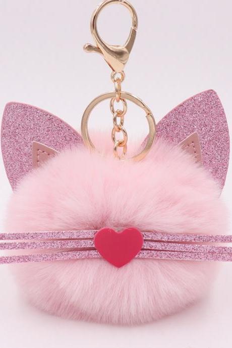 Gretel Pu Leather Beard Cat Plush Key Chain Cute Pink Cat Bag Key Chain-1
