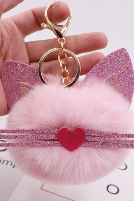 Gretel Pu Leather Beard Cat Plush Key Chain Cute Pink Cat Bag Key Chain-3