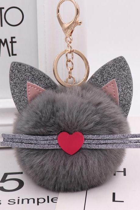 Gretel Pu Leather Beard Cat Plush Key Chain Cute Pink Cat Bag Key Chain-4