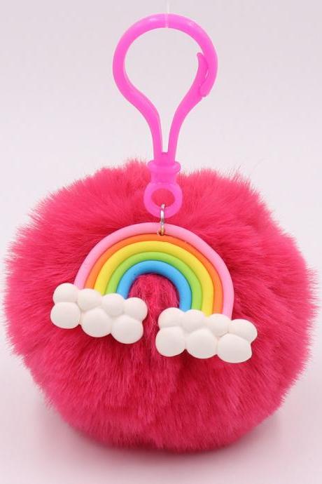 Rainbow Plush Key Button Artificial Wool Ball Rainbow Pendant Bag Car Key Button-2