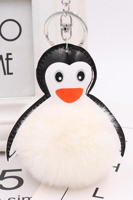 Cartoon leather Penguin fur ball key chain pendant Kawaii cute lady bag car key chain-2