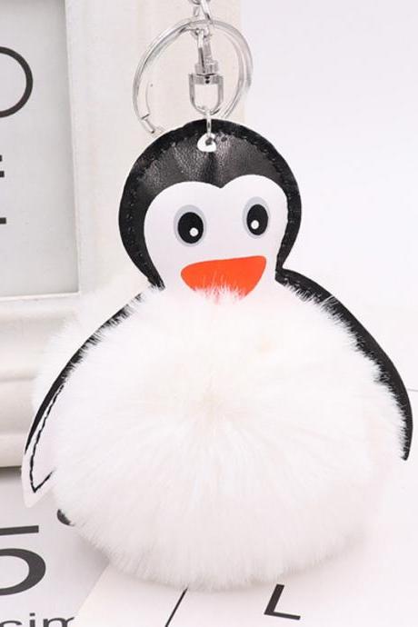 Cartoon leather Penguin fur ball key chain pendant Kawaii cute lady bag car key chain-5