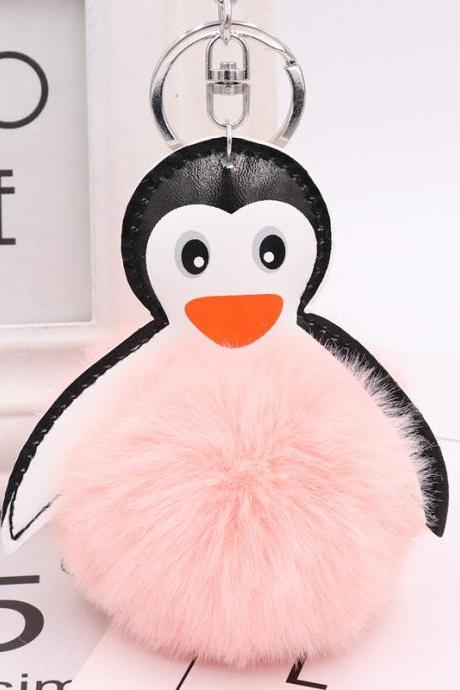Cartoon leather Penguin fur ball key chain pendant Kawaii cute lady bag car key chain-6