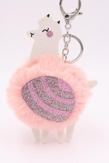 Alpaca Hair Ball Key Chain Pendant Pu Leather Key Chain Lady Imitation Fur Grass Car Bag Key Chain-1