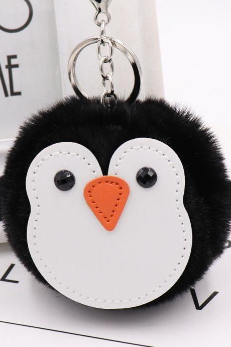 Cute Penguin Fur Ball Keychain Pu Leather Animal Fur Keychain Backpack Schoolbag Pendant-1