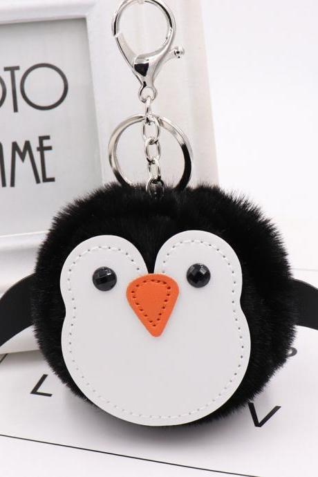Cute penguin fur ball Keychain PU leather animal fur Keychain backpack schoolbag Pendant-7