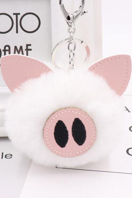 Cute Pig Hair Ball Key Chain Pu Leather Animal Hair Key Chain Bag Car Pendant-1