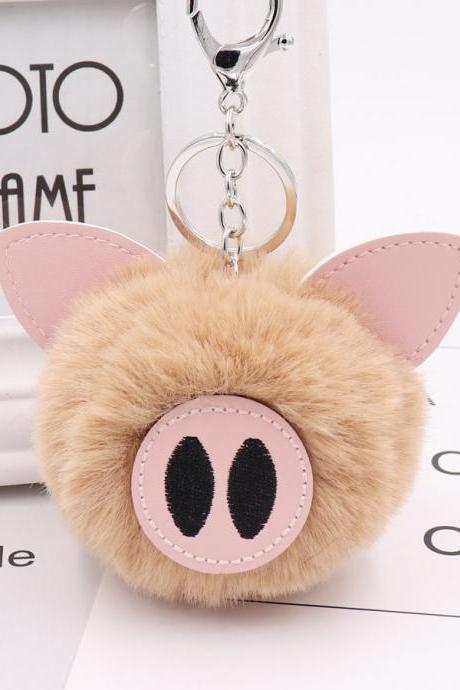 Cute Pig Hair Ball Key Chain Pu Leather Animal Hair Key Chain Bag Car Pendant-3