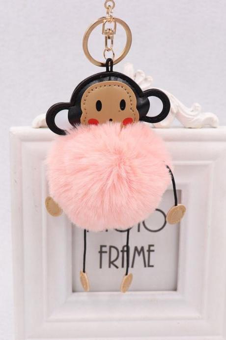 Cute cartoon monkey hairball key ring leather monkey doll pendant women&amp;#039;s Plush Animal bag Pendant-3