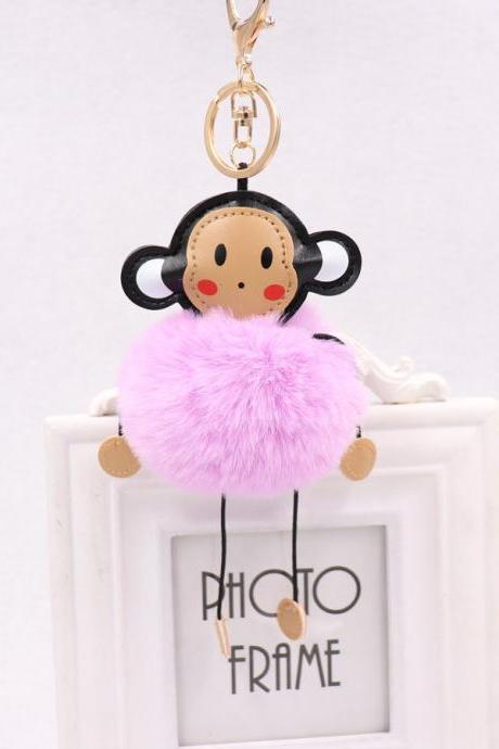 Cute cartoon monkey hairball key ring leather monkey doll pendant women&amp;#039;s Plush Animal bag Pendant-5