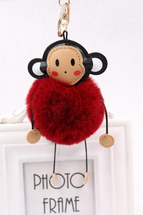 Cute cartoon monkey hairball key ring leather monkey doll pendant women&amp;#039;s Plush Animal bag Pendant-10