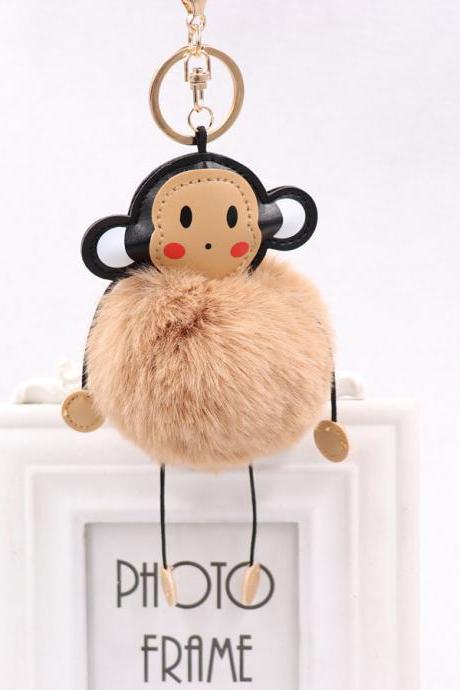 Cute cartoon monkey hairball key ring leather monkey doll pendant women&amp;#039;s Plush Animal bag Pendant-11