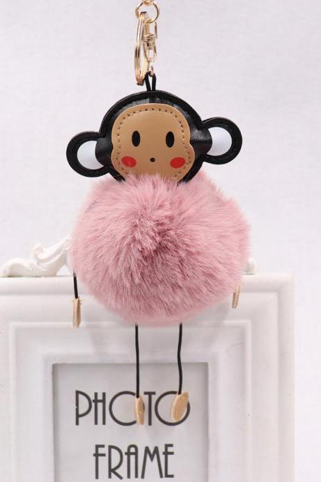 Cute cartoon monkey hairball key ring leather monkey doll pendant women&amp;#039;s Plush Animal bag Pendant-13