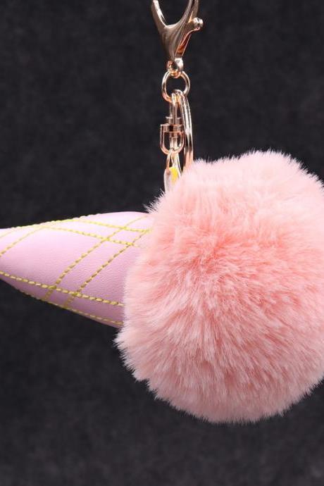 8cm Imitation Rex Rabbit Fur Ball Ice Cream Key Chain Pendant Plush Fur Ice Cream Cone Pendant-8