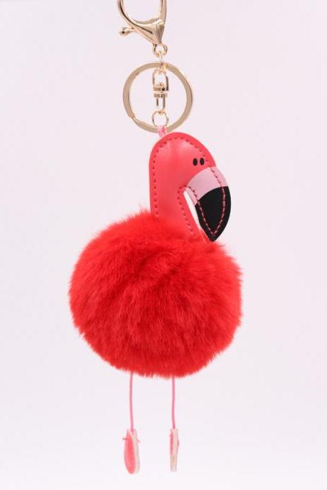 Creative Pu Leather Red Flamingo Hair Ball Key Ring Big Beaked Bird Fur Bag Hair Ball Pendant-1