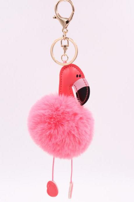 Creative Pu Leather Red Flamingo Hair Ball Key Ring Big Beaked Bird Fur Bag Hair Ball Pendant-5