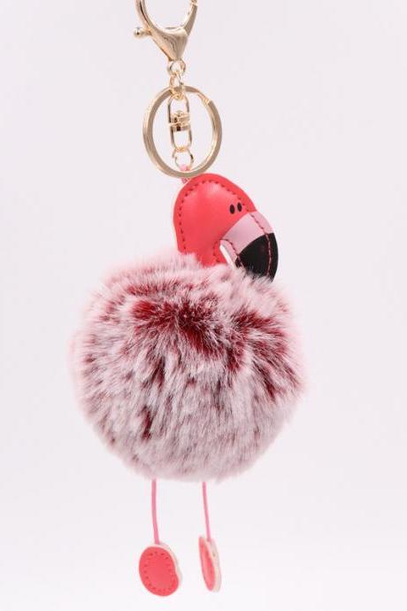 Creative Pu Leather Red Flamingo Hair Ball Key Ring Big Beaked Bird Fur Bag Hair Ball Pendant-6