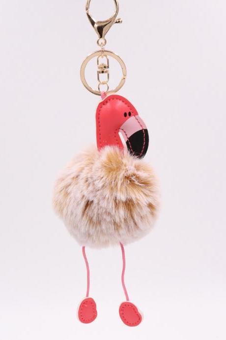 Creative Pu Leather Red Flamingo Hair Ball Key Ring Big Beaked Bird Fur Bag Hair Ball Pendant-7