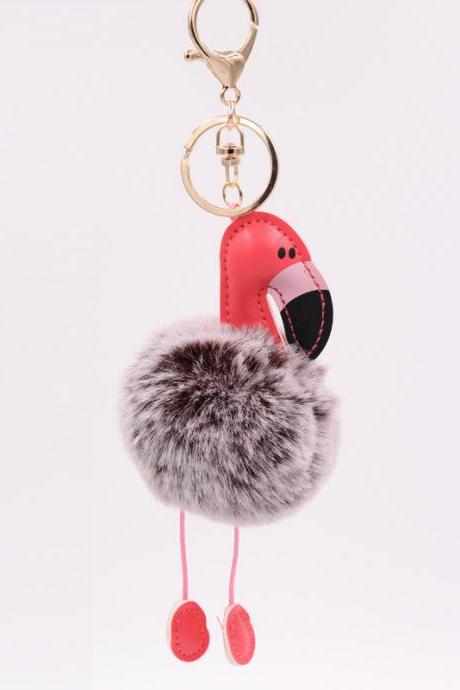 Creative Pu Leather Red Flamingo Hair Ball Key Ring Big Beaked Bird Fur Bag Hair Ball Pendant-8