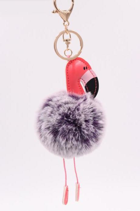 Creative Pu Leather Red Flamingo Hair Ball Key Ring Big Beaked Bird Fur Bag Hair Ball Pendant-10