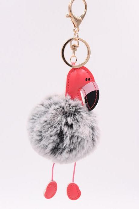 Creative Pu Leather Red Flamingo Hair Ball Key Ring Big Beaked Bird Fur Bag Hair Ball Pendant-11