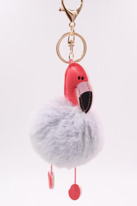 Creative Pu Leather Red Flamingo Hair Ball Key Ring Big Beaked Bird Fur Bag Hair Ball Pendant-12