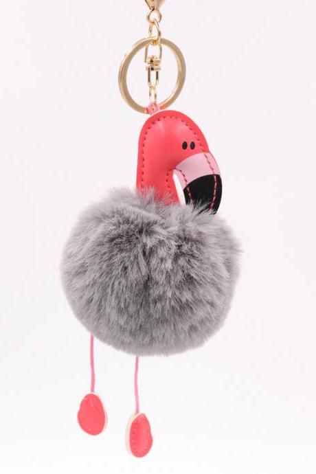 Creative Pu Leather Red Flamingo Hair Ball Key Ring Big Beaked Bird Fur Bag Hair Ball Pendant-14