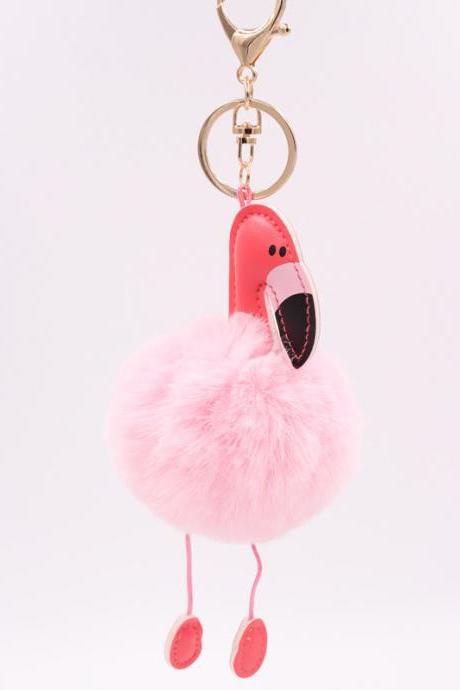 Creative Pu Leather Red Flamingo Hair Ball Key Ring Big Beaked Bird Fur Bag Hair Ball Pendant-16