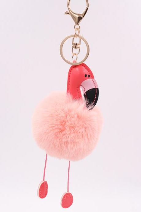 Creative Pu Leather Red Flamingo Hair Ball Key Ring Big Beaked Bird Fur Bag Hair Ball Pendant-17