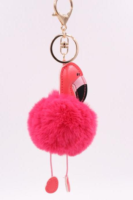 Creative Pu Leather Red Flamingo Hair Ball Key Ring Big Beaked Bird Fur Bag Hair Ball Pendant-21