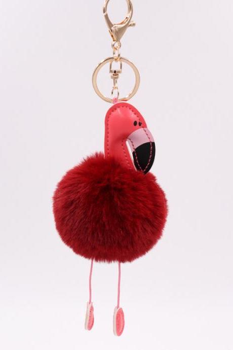 Creative Pu Leather Red Flamingo Hair Ball Key Ring Big Beaked Bird Fur Bag Hair Ball Pendant-22
