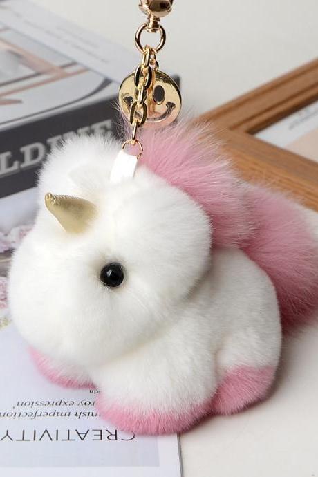 Rex Rabbit Fur Unicorn pendant fur bag pendant cute plush doll dream little white horse car key chain-1
