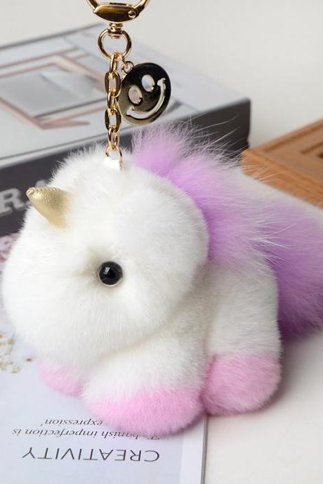 Rex Rabbit Fur Unicorn Pendant Fur Bag Pendant Cute Plush Doll Dream Little White Horse Car Key Chain-5