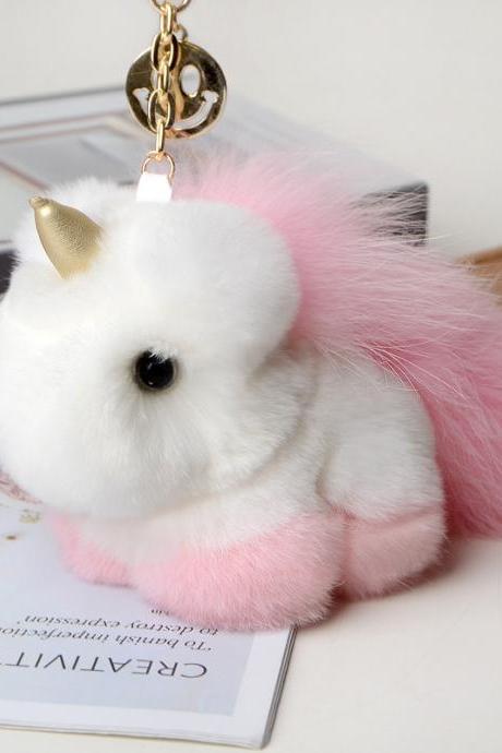 Rex Rabbit Fur Unicorn pendant fur bag pendant cute plush doll dream little white horse car key chain-8