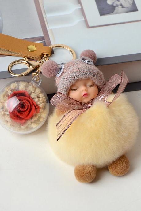 Lovely Rex rabbit wool sleep doll immortal flower car Plush key chain bag Pendant-1
