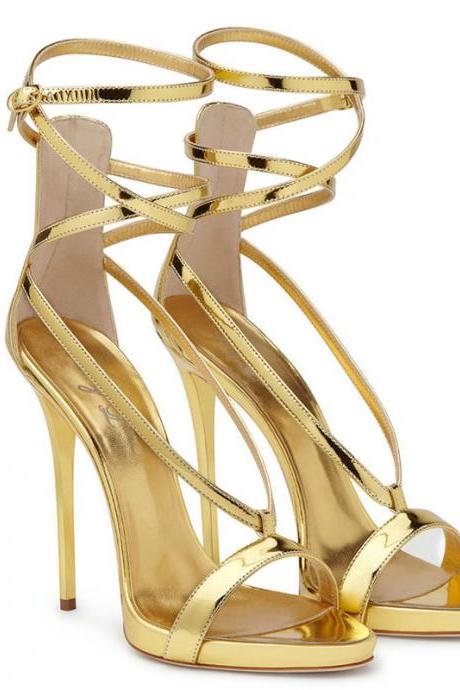 Patent Leather Lace Up High Heels Party Shoe-golden