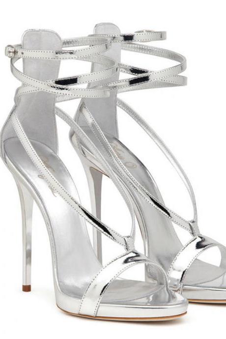 Patent Leather Lace Up High Heels Party Shoe-silvery