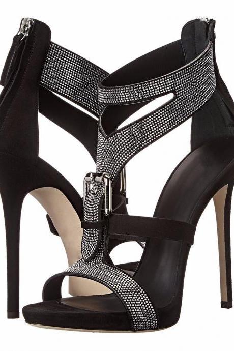 Drill High-heeled Sandals Super High-heeled Party Shoe-black